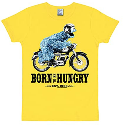 Logoshirt® Sesamstrasse I Krümelmonster I Motorrad I Born to Be Hungry I T-Shirt Print I Damen & Herren I kurzärmlig I gelb I Lizenziertes Originaldesign I Größe L