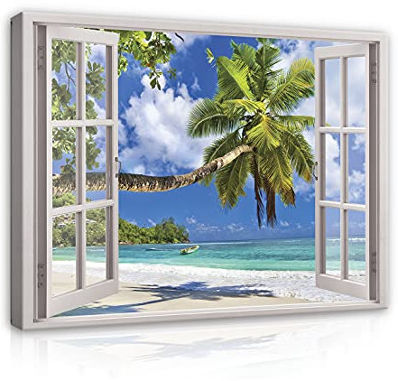 WallArena - Leinwand Bilder - Fensterblick Strand Meer Palmen Landschaft - 80x60 cm Leinwandbilder Bild auf leinwand Wandbild XXL groß Wandbilder für Wohnzimmer Schlafzimmer Wohnzimmerbilder Modern