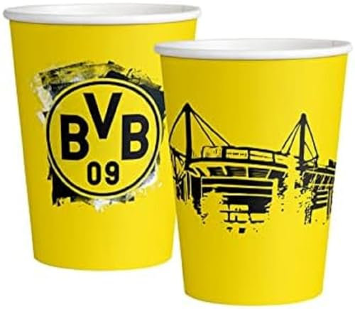 Amscan 9908526-66 - Becher BVB, 8 Stück, Füllvolumen 250 ml, Papier, Borussia Dortmund, Pappbecher, Einweggeschirr, Fußball, Party, Fan, Geburtstag