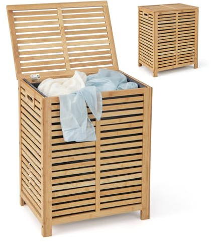 COSTWAY Panier à Linge 80L, Corbeille à Linge en Bambouavec Couvercle, Sac à Doublure, Poignées et Design de Lattes, 50 x 35 x 62 cm, pour Salle de Bain, Salon, Chambre, Assemblage Facile, Naturel