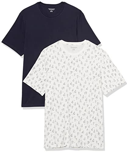 Amazon Essentials Men's T-Shirt Regular-Fit Short-Sleeve Crewneck, Pack of 2, Navy/White Boat Print, X-Small