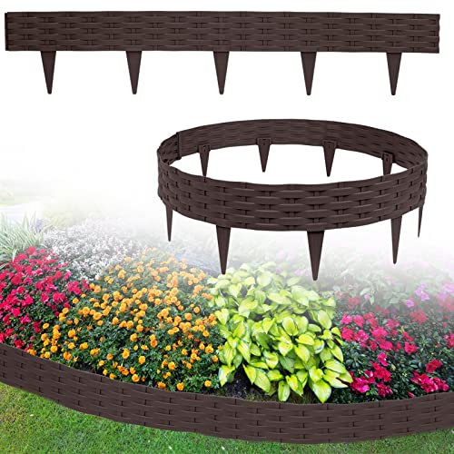 LZQ Rasenkante Beeteinfassung Rund Kunststoff, Beeteinfassung Beetumrandungen 20m Rattan-Design Palisaden mit 20 Elemente á 100 cm, Braun