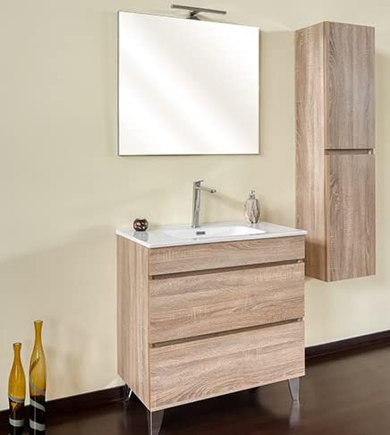 Meuble de salle de bain suspendu chêne well, 100 cm, base avec lavabo, miroir et colonne