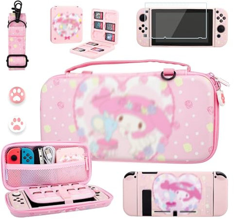 RHOTALL custodia da trasporto per Nintendo Switch, rosa custodia da viaggio accessori per Switch con guscio protettivo, tracolla, custodia per carte di gioco, protezione schermo e 2 tappi per pollice