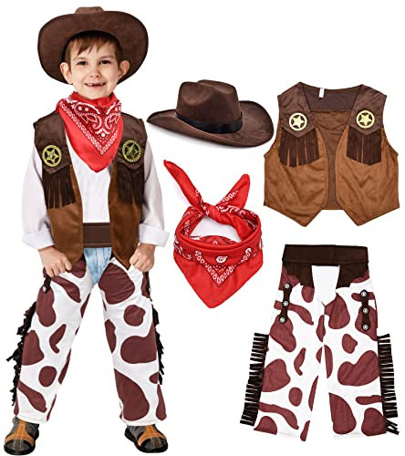Tacobear Cowboy Kostüm Kinder mit Bandana Halstuch Hut Weste Hose Western Cowboy Cosplay Set Fasching Karneval Halloween Kostüm für Jungen (M, 6-7 Jahre)