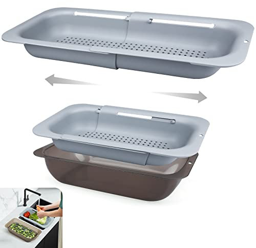 Komzon Scolapasta con ciotola e cestello allungabile per lavello da cucina, per lavare frutta e verdura, scolapasta regolabile in plastica retrattile per drenare la pasta, piatti grigio