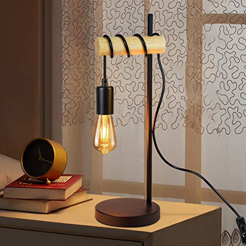 ZMH Tischlampe Holz Nachttischlampe Vintage - E27 Schwarz Wohnzimmer Tischleuchte Retro Rustikal Nachttischleuchte Industrial Design mit Kabe Schalter Max.40W Deko Schlafzimmer - Ohne Glühbirne