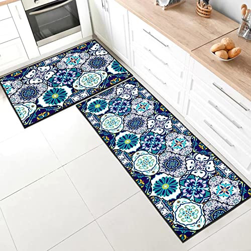SHUAIG Lot de 2 Tapis de Cuisine antidérapant,Lavable Tapis de Cuisine avec Autocollants antidérapants pour Cuisine, Couloir, Chambre à Coucher, Salle de Bain(Style C, 43x75 + 43x150 cm)