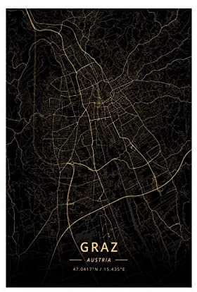 FISH DRAGATE Graz Österreich Stadtkarte Leinwand Poster Wandkunst Druck für Wohnzimmer Schlafzimmer Büro Home Decor rahmenlos 20x30inch (50x75cm)