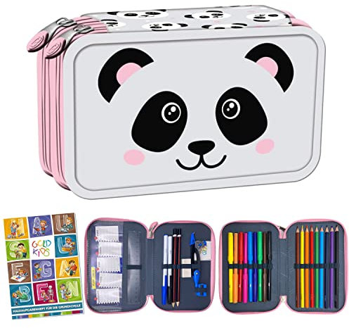 Goldkids 2-fache Grey Panda Federtasche Federmappe Federmäppchen 26-teilig gefüllte Schüleretui Stifte und Pinsel inkl. Aufgabenheft Federbox Etui Stiftetasche Schlamper-Etui Schul-Etui Schüleretui