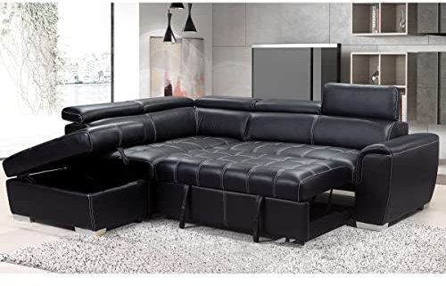 Furnishings For Less UK Corner Sofa Bed | Nevada Large Black L Shaped Black Leather | Tilting Headrest and Storage Ottoman Included (Black Leather Left Hand Facing)