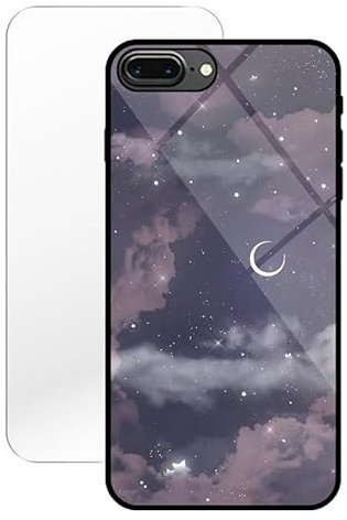KARTXITAI Case compatible with iPhone 7 Plus/8 Plus,Anti-Scratch Tempered Glass Hard Back & Soft TPU Bumper with Pretty Pattern-Starry Moon Star Clouds Protective Phone Cover+Screen Protector