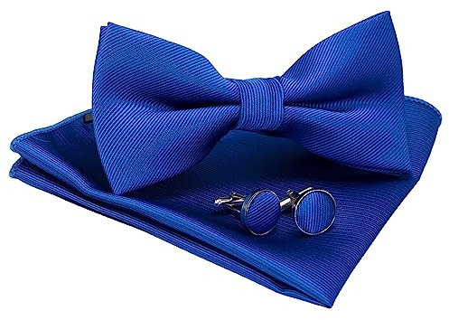 JEMYGINS Flache Textur Fliege Einfarbig und Einstecktuch mit Manschettenknöpfe Sets für Herren,blau 2