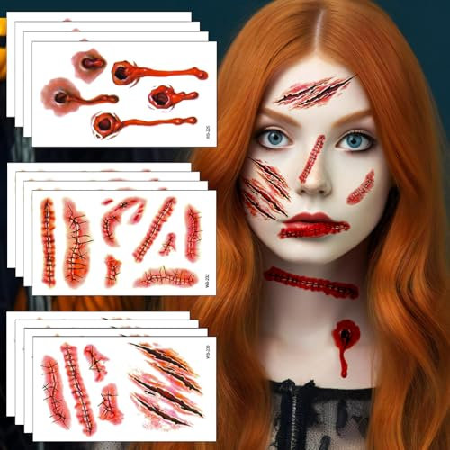 Narben Tattoo Halloween, 12 Bogen Realistisch Fake Wunden zum Aufkleben Zombie Vampir Blut Tattoos, Horror Halloween Tattoo Gesicht Kostüm Schminke