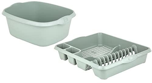 Set of Silver Sage Large Dish Drainer Tray Plate Rack Draining Board Stand With 39cm Rectangular Washing Up Bowl Plastic Kitchen Organiser Sink Holder