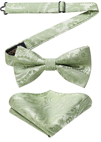 HISDERN Nœuds Papillon Vert Sauge Homme et Mouchoir avec Crochet déjà lié et Réglable Nœud Papillon à Motif Cachemire Carré de Poche Ensemble