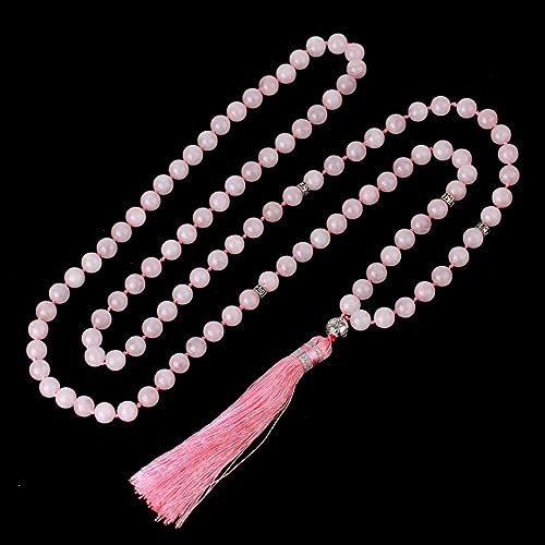 Vintage 108 Beads Prayer Necklace for Man Women 8mm Natural Sone Buddhist Buddha Meditation Bead Mala Tassel Necklaces,rose quartz,One size