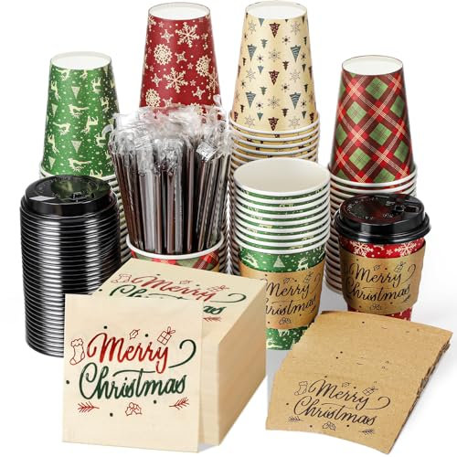 Hushee 100 Set 12oz Weihnachten Einweg Kaffeetassen mit schwarzen Deckeln Kaffeetasse Ärmel Rührstrohhalme und Servietten für Weihnachten Party Supplies Kaffee Kakao Heiße Schokolade Saft Tee