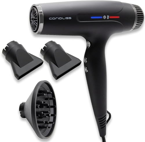 Corioliss Typhoon Secador de Pelo Profesional | Silencioso | Motor BLDC 2400W | Ligero 417 Gr. | Potente | Iónico Antifrizz | Difusor y 2 Boquillas | Black Chrome
