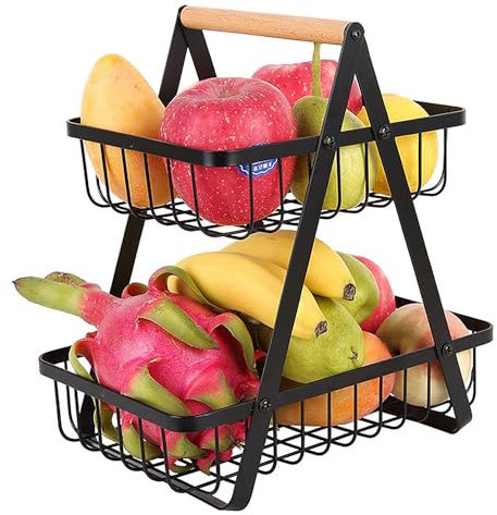 Accmuzzy Fruteros de Cocina de 2 Niveles, Frutero Negro de 2 Pisos, Soporte Extraíble para Frutas y Verduras, Estante de Alambre de Metal para Cocina