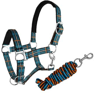 Brama West Halfter Set für Pferde - Halfter & Führstrick - mit Karabinerhaken - verstellbar - Blau/Orange, Gr. Shetty