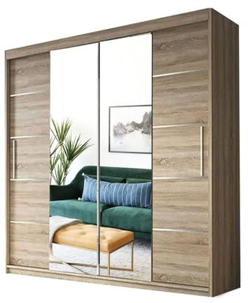 Sliding Double Door Wardrobe 2 Mirrors Hanging Rails Shelves Storage Cabinet Bedroom Furniture (Oak, 203cm)