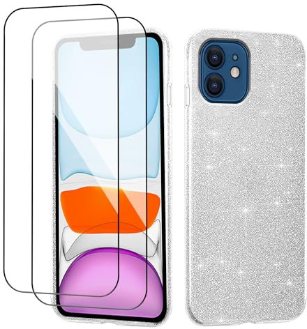 Wousunly Kompatibel mit iPhone 11 Hülle Glitzer Silikon 3 In 1,Handyhülle für iPhone 11 mit 2 Stück Panzerfolie Stoßfeste Dünn Anti Rutsch (Silber)