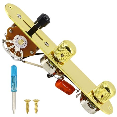Domofa Loaded Guitar Control Plate for Telecaster Electric Guitar Prewired 3 Way Switch 500K Potentiometers Tone Volume Knob with Wiring Harness (Gold)