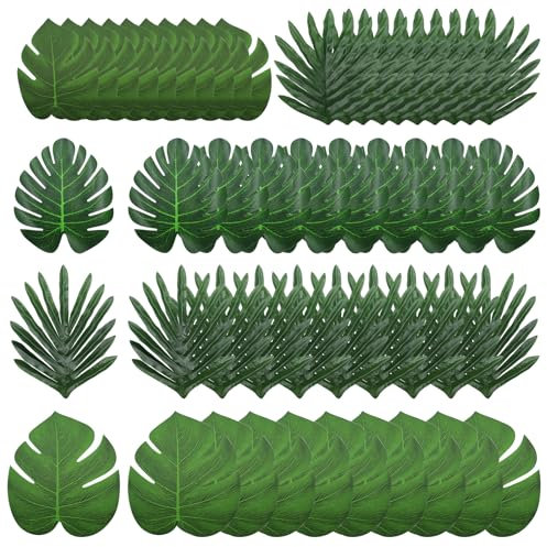 50 Stück Palmenblätter Deko Tropische Palmblätter Künstliche Monstera Blätter Künstliche Palmenblätter für Dschungel Theme Beach Party Tropische Dekorationen, 5 Arten