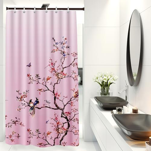 LIVETTY Rideau de douche en tissu anti-moisissure pour homme et femme avec 12 crochets Motif oiseau rose 90 x 180 cm