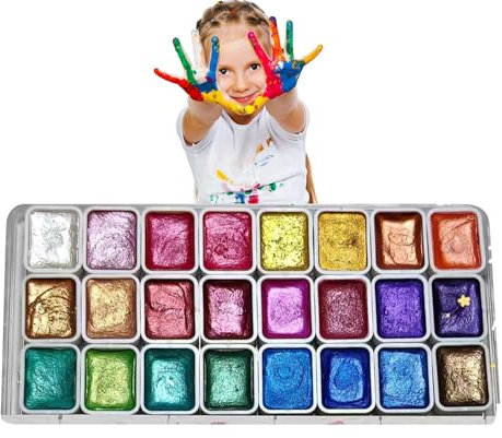 Vuggdt Ensemble de peinture aquarelle nacrée 24 couleurs | Ensemble de peintures aquarelles métalliques | Boîte de peinture à gouache solide à paillettes | Palette de peinture à l'eau pour étudiants,