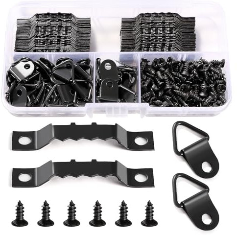 YIXISI 100 Pezzi Ganci Cornici Quadri Set, Ganci a Dente di Sega, Triangolo Anello Gancio, Ganci Appendi Quadri, con 150 Pezzi Viti, per Foto Pitture, Decorazione Della Casa, Nero