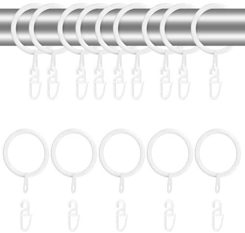 24 Sets White Metal Curtain Rings and Hooks, 30mm Curtain Hooks and Rings, 24 Metal Drapery Hanging Ring & 24 Plastic Curtains Hook, Sliding Eyelet Ring for Curtains Rods Poles