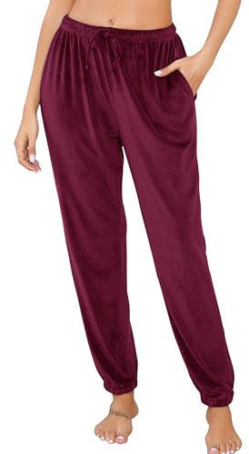 Lovasy Pantaloni del Pigiama Donna in Pile Pantaloni Lunghi Morbidi e Caldo Pantaloni da Notte con Tasche per Casa Casual,A Rosso Vino,L