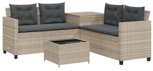 vidaXL Gartensofa in L-Form, Ecksofa mit Tisch Kissen, Sitzgruppe für Garten Terrasse Balkon, Gartenmöbel Sofagarnitur, Hellgrau Poly Rattan