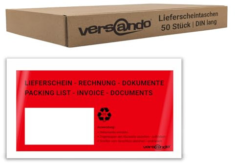 versando 50 Lieferscheintaschen DIN lang selbstklebend Dokumententaschen Begleitpapiertaschen rot/schwarz bedruckt: Lieferschein/Rechnung
