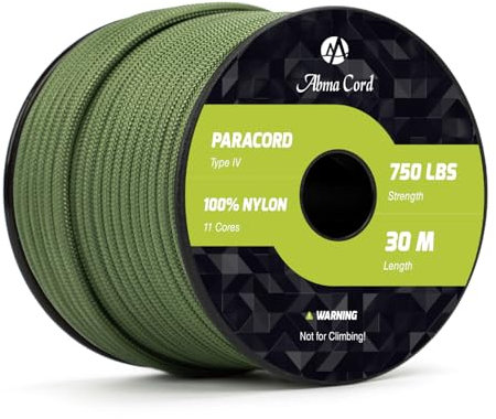 Abma Cord Paracord 750lb 4mm 30M 100% Nylon Seil 11 Kern Typ IV Schnur für Basteln, Camping, Survival, Outdoor - Max. 340kg - Waldgrün