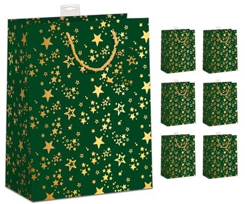 PremiumLine Geschenktüten Weihnachten XXL, 6 Stück | 33x45x12cm, stabiler Boden, Trage-Griff & Namenskarte | Geschenktaschen Weihnachten Groß, Weihnachtstüte, Sterne grün
