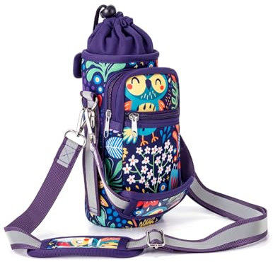 molshine Water Bottle Carrier Bag 700/900ml Cup Sleeve,Water Bottle Pouch Holder with Crossbody Strap & Handle & Phone Pocket & Credit Card Slot for Sports Hiking Travelling Camping (Owl)