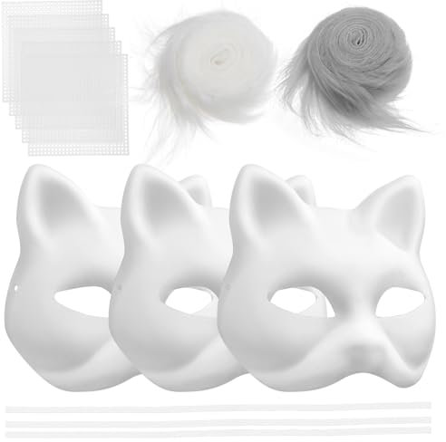 DECHOUS Katzenmasken-Set Mit Fellen Und Augennetzen 3 Stück Weiße -Masken Leere Tier-Papiermasken Zum Bemalen Diy-Halloween-Katzen- -Set Für Maskerade Cosplay-Party