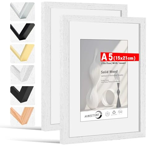 HIMEETIME® 2x Bilderrahmen DIN A5 14,8x21 cm Weiss Holz Fotorahmen aus Massivholz,Rahmen,Bild mit Passepartout Display 10x15cm,für Wandbehänge oder Tischdekoration