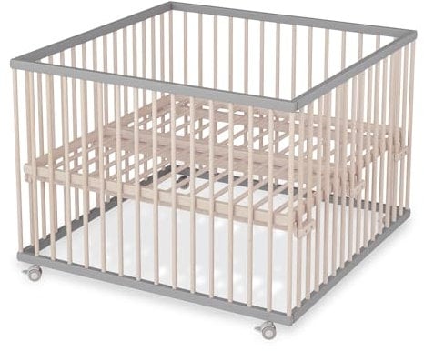 Sämann Laufstall Baby mit Lattenrost | stufenlos höhenverstellbar | Laufgitter Premium | Babybett aus Holz | Krabbelgitter (grau/natur, 120x120 cm)