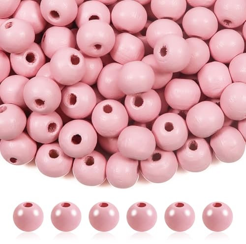 TOAOB 300pcs Perles en Bois Rondes Naturel Rose Clair 10mm Gros Trou Perles Spacer en Vrac Perle Bois Non Peinte pour Fabrication de Bijoux Bracelets DIY Artisanat