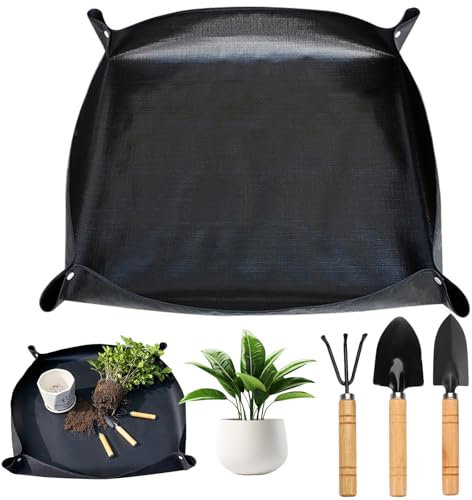 VEGCOO Pflanzmatte 100x100, Gartenmatte wasserdichte Pflanzen-Umtopfmatte Tragbar Pflanzunterlage Umtopfmatte, Pflanzenmatte mit Bodenlockerungswerkzeug für Umpflanzung Baumschule (A)