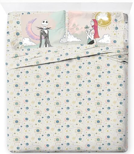 Jay Franco Bettlaken-Set mit Spannbettlaken, Bettlaken und Kissenbezug, ultraweiches Bettwäsche-Set mit Kissenbezug für Raumdekoration, Beige – Nightmare Before Christmas, 4-teiliges Queen-Size-Bett