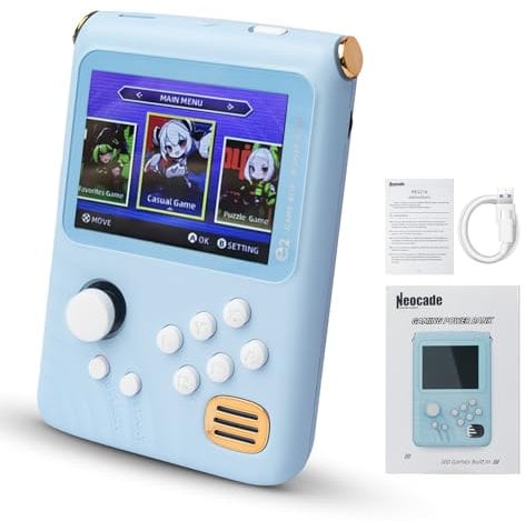 NEOCADE Console di Gioco Portatile, 300 Giochi Incorporati, Caricatore Portatile da 5000 mAh, Gioco Portatile con Maniglia, Schermo da 3,2”, Power Bank di Giochi, Regalo per Bambini, Amici