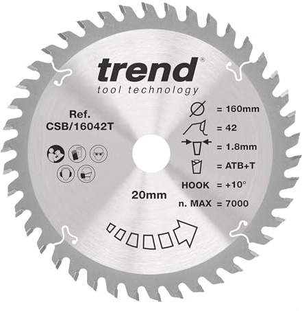Trend Wood Cordless Circular Saw Blade, 160mm, 42T, TCT, Fine Finish | Fine Finish TCT Blade For Cordless Circular Saws, 160mm Diameter, 20mm Bore, 1.8mm Kerf, +10° Hook, CSB/16042T