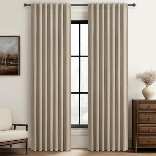 Verdunkelungsvorhänge, 213 cm lang, 2 Paneele, Landhaus-Stil, für Schlafzimmer-Fenster/Wohnzimmer, wärmeisoliert, neutrale Boho-Vorhänge, Leinen-Mischgewebe, Dunkelgraubeige, 2,1 m Langer Haken