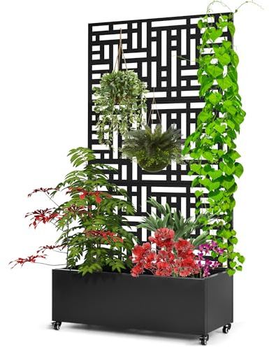SERdeerCH Metal Planter Box with Trellis,71”Raised Garden Bed with Trellis | Privacy Screen and Drainage.Wheeled for Patio Flexibility,for Climbing Veggies/Flowers.DIY-Friendly Design,Black