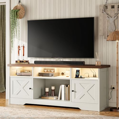 Coleshome TV Unit, TV Stand Cabinet with Sockets, USB and LED, TV Cabinet Suitable for up to 65'' TV, with 4 Open Compartments and 2 Cabinets, Suitable for Living Room, 150 x 35 x 65cm, White